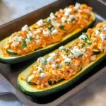 High Protein Buffalo Chicken Stuffed Zucchini Boats