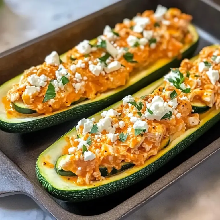 High Protein Buffalo Chicken Stuffed Zucchini Boats