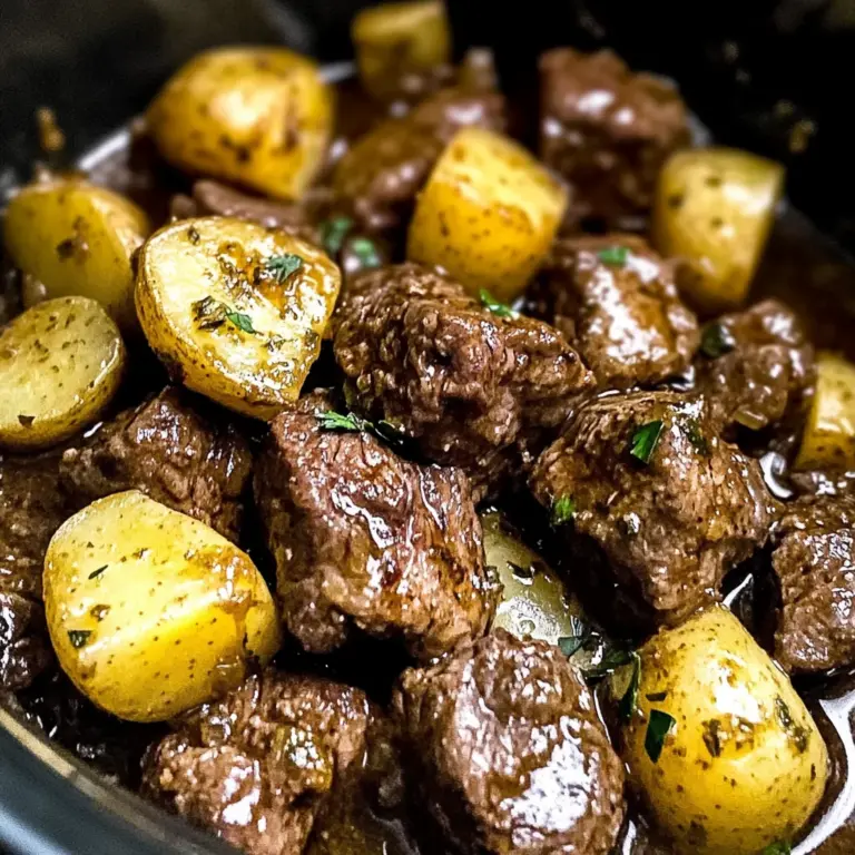 crockpot garlic butter beef bites with potatoes